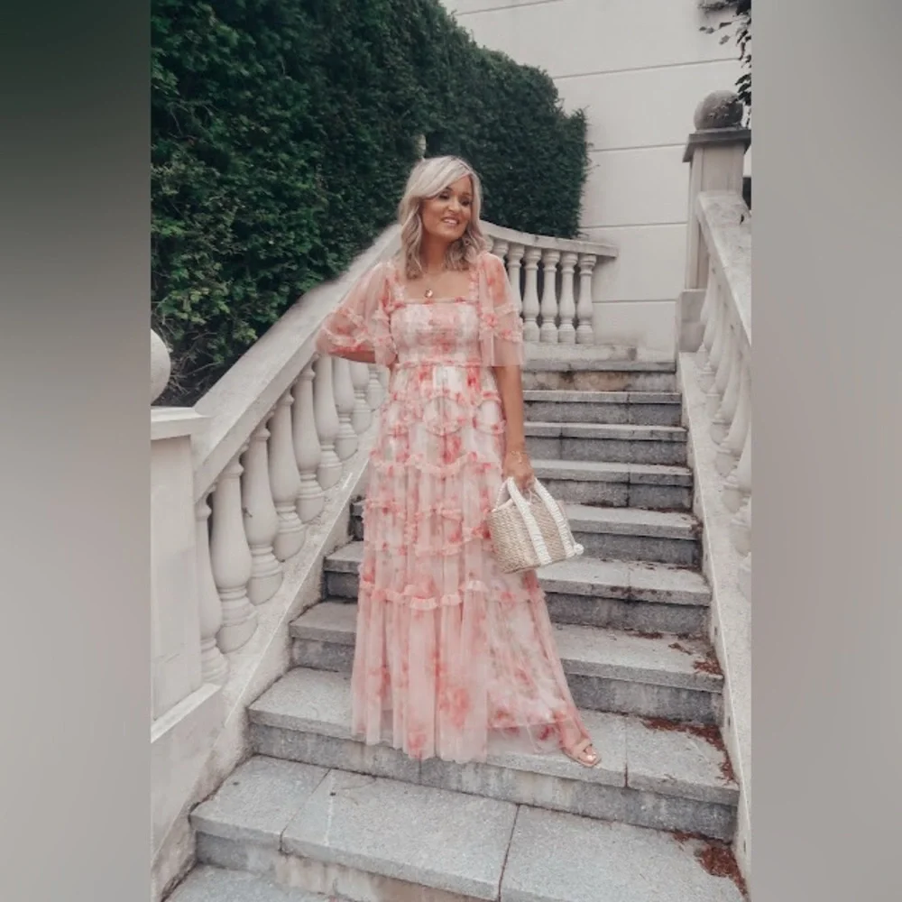 Needle & Thread Pink Floral Tiered Tulle Midi Dress - Picture 5 of 14